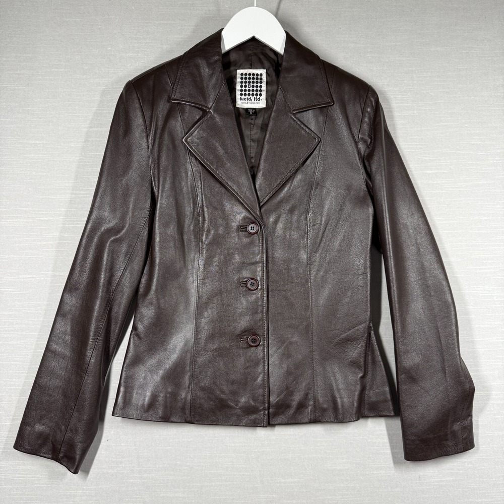 Vintage B Lucid Leather Jacket Womens Small‎ Brown Collared 90s Classic Chic